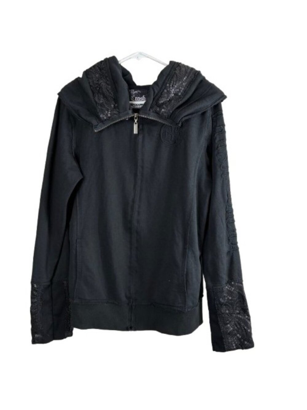 Vintage Y2K Crash & Burn Sequin Distressed Zip Cowl Hoodie Womens XL Grunge Goth